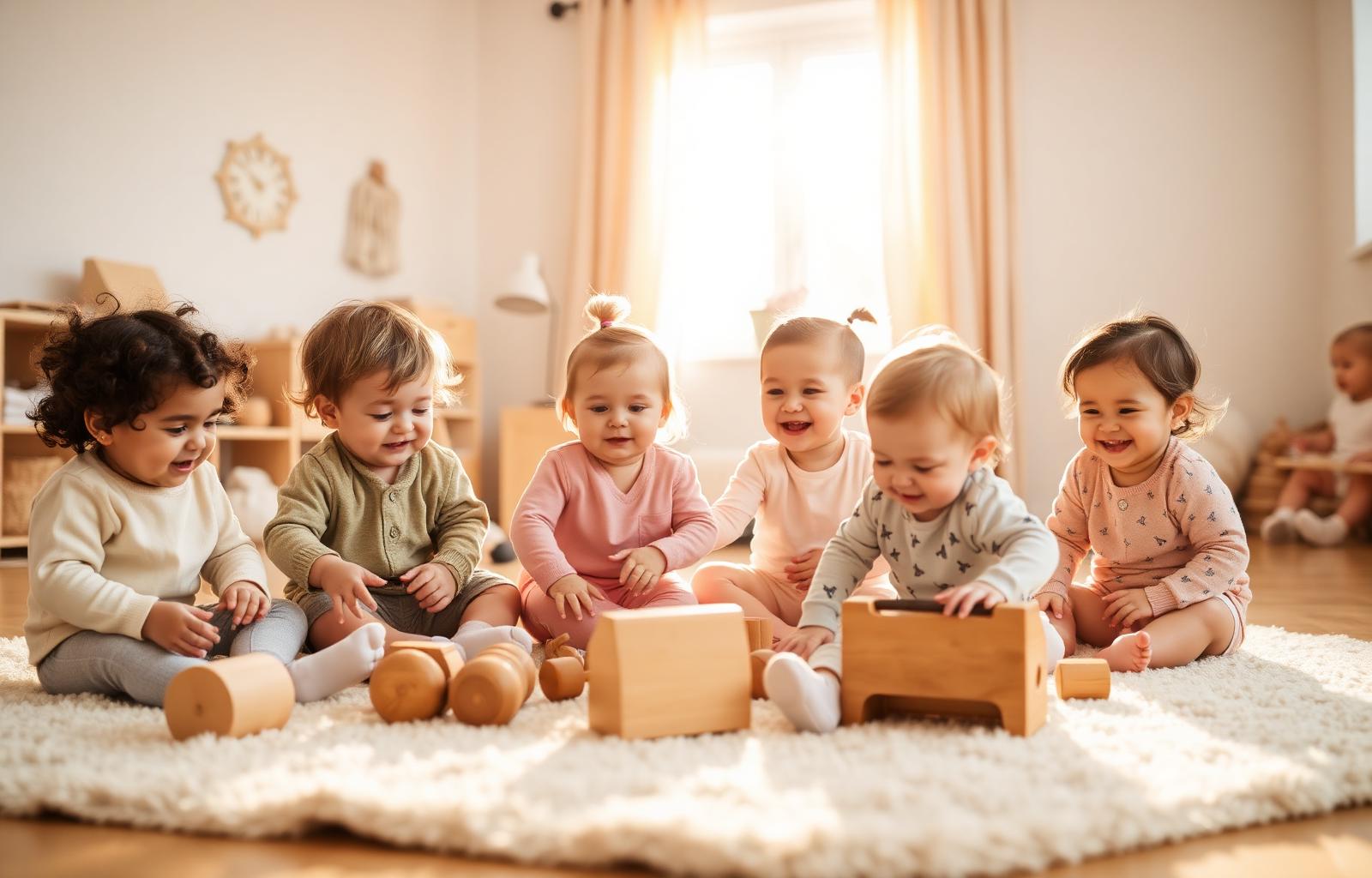 Happy toddlers playing with wooden toys at TLC Baby Daycare in Rockville